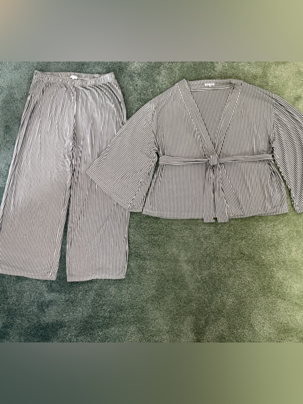 Striped Tie-Waist Lounge Pajama Set — Black & White
